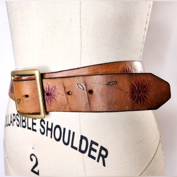 VTG FLORAL Leather Belt Hand Tooled Brown Leather Belt Square Metal Buckle XS S main image 7